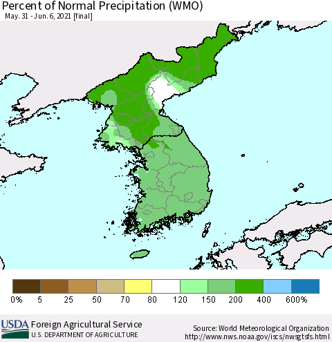 Korea Percent of Normal Precipitation (WMO) Thematic Map For 5/31/2021 - 6/6/2021