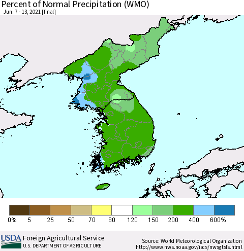 Korea Percent of Normal Precipitation (WMO) Thematic Map For 6/7/2021 - 6/13/2021