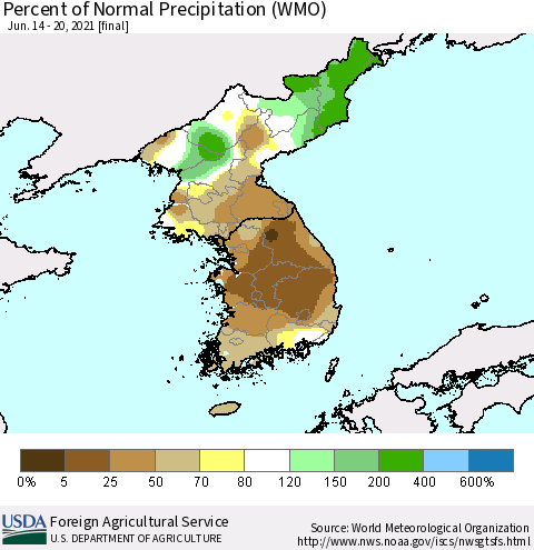 Korea Percent of Normal Precipitation (WMO) Thematic Map For 6/14/2021 - 6/20/2021