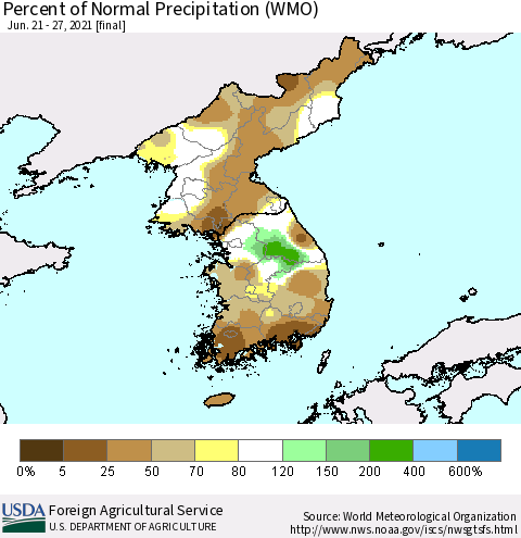 Korea Percent of Normal Precipitation (WMO) Thematic Map For 6/21/2021 - 6/27/2021