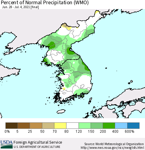 Korea Percent of Normal Precipitation (WMO) Thematic Map For 6/28/2021 - 7/4/2021