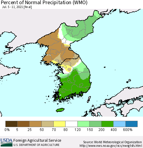Korea Percent of Normal Precipitation (WMO) Thematic Map For 7/5/2021 - 7/11/2021