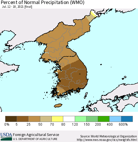 Korea Percent of Normal Precipitation (WMO) Thematic Map For 7/12/2021 - 7/18/2021