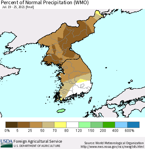 Korea Percent of Normal Precipitation (WMO) Thematic Map For 7/19/2021 - 7/25/2021