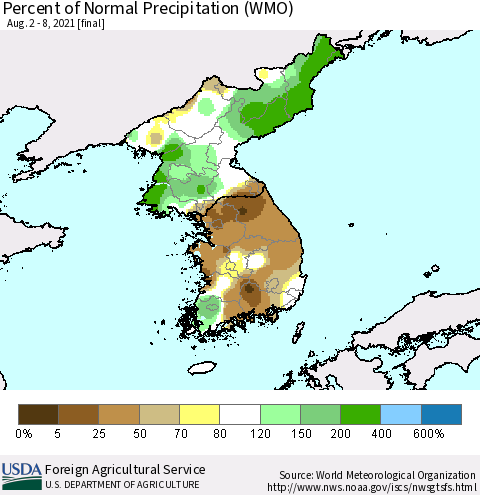 Korea Percent of Normal Precipitation (WMO) Thematic Map For 8/2/2021 - 8/8/2021