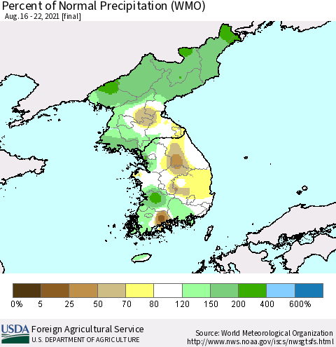 Korea Percent of Normal Precipitation (WMO) Thematic Map For 8/16/2021 - 8/22/2021