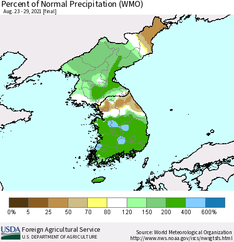 Korea Percent of Normal Precipitation (WMO) Thematic Map For 8/23/2021 - 8/29/2021