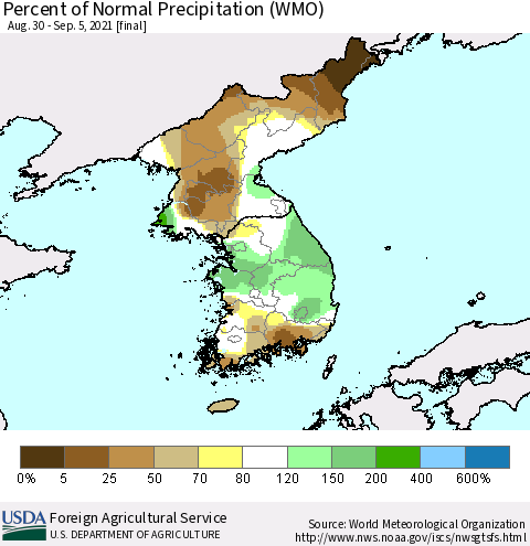 Korea Percent of Normal Precipitation (WMO) Thematic Map For 8/30/2021 - 9/5/2021