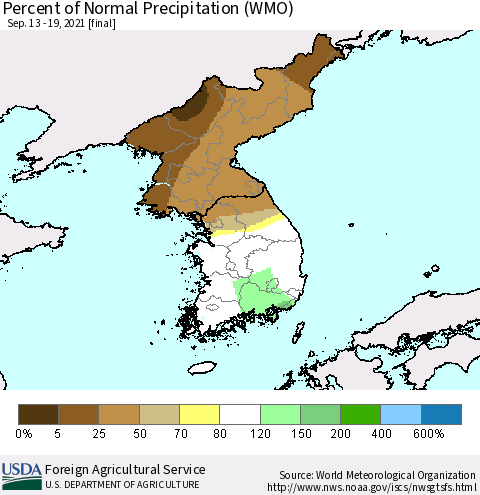 Korea Percent of Normal Precipitation (WMO) Thematic Map For 9/13/2021 - 9/19/2021