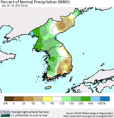 Korea Percent of Normal Precipitation (WMO) Thematic Map For 9/20/2021 - 9/26/2021