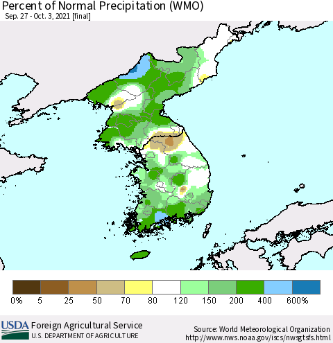 Korea Percent of Normal Precipitation (WMO) Thematic Map For 9/27/2021 - 10/3/2021