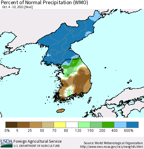 Korea Percent of Normal Precipitation (WMO) Thematic Map For 10/4/2021 - 10/10/2021