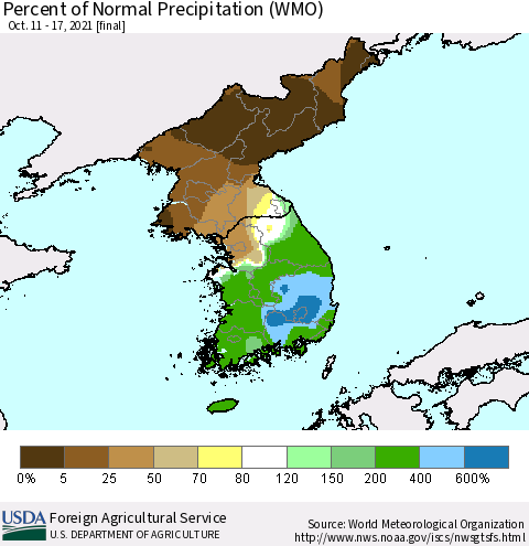 Korea Percent of Normal Precipitation (WMO) Thematic Map For 10/11/2021 - 10/17/2021