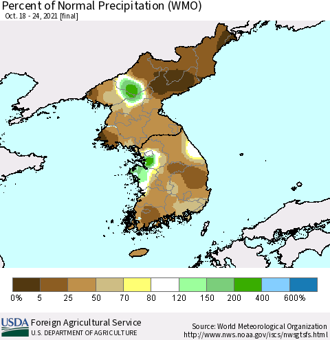 Korea Percent of Normal Precipitation (WMO) Thematic Map For 10/18/2021 - 10/24/2021