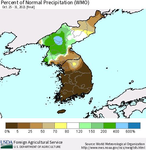 Korea Percent of Normal Precipitation (WMO) Thematic Map For 10/25/2021 - 10/31/2021
