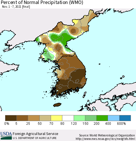 Korea Percent of Normal Precipitation (WMO) Thematic Map For 11/1/2021 - 11/7/2021