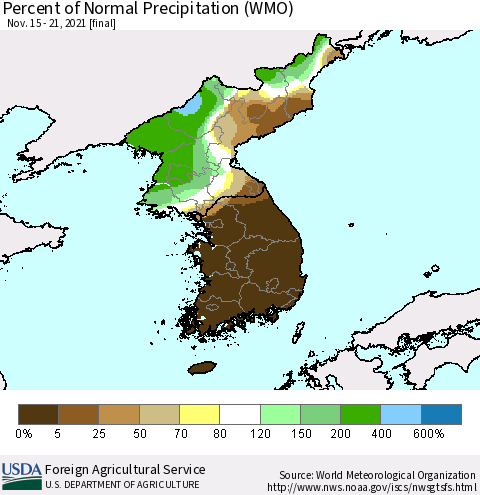 Korea Percent of Normal Precipitation (WMO) Thematic Map For 11/15/2021 - 11/21/2021