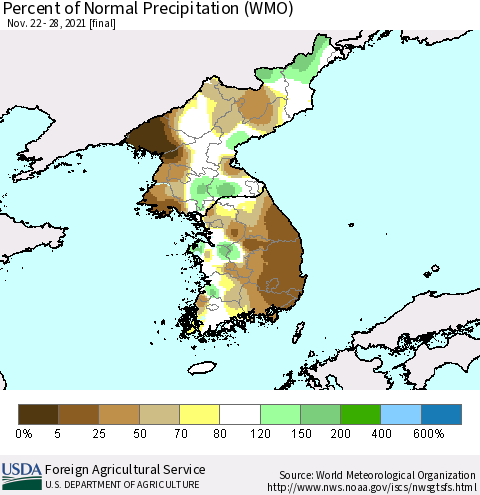 Korea Percent of Normal Precipitation (WMO) Thematic Map For 11/22/2021 - 11/28/2021
