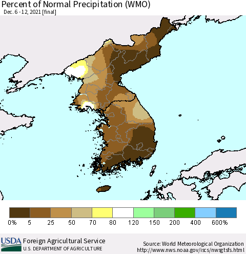 Korea Percent of Normal Precipitation (WMO) Thematic Map For 12/6/2021 - 12/12/2021