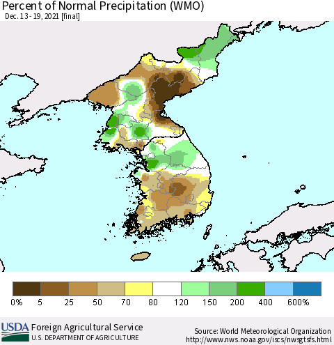 Korea Percent of Normal Precipitation (WMO) Thematic Map For 12/13/2021 - 12/19/2021