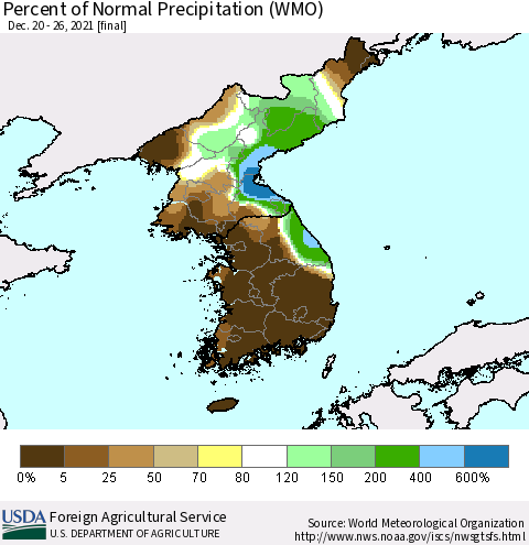 Korea Percent of Normal Precipitation (WMO) Thematic Map For 12/20/2021 - 12/26/2021