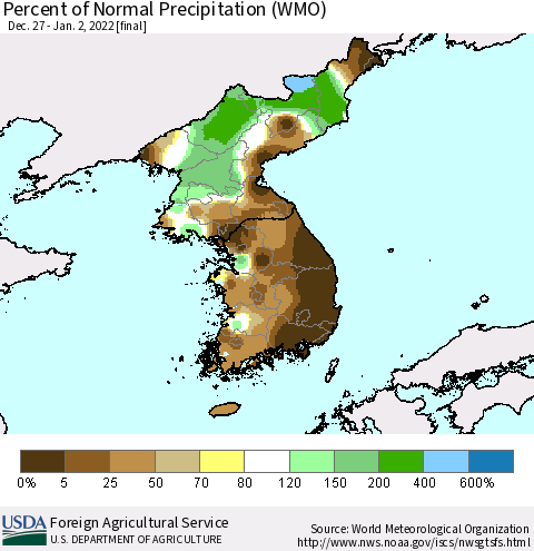 Korea Percent of Normal Precipitation (WMO) Thematic Map For 12/27/2021 - 1/2/2022
