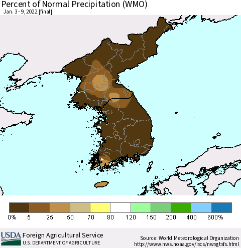 Korea Percent of Normal Precipitation (WMO) Thematic Map For 1/3/2022 - 1/9/2022