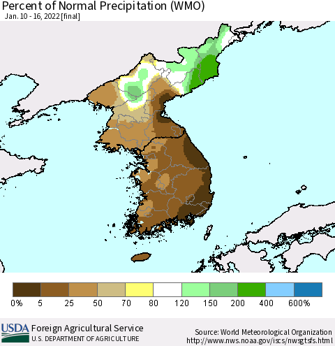 Korea Percent of Normal Precipitation (WMO) Thematic Map For 1/10/2022 - 1/16/2022