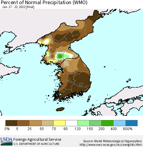Korea Percent of Normal Precipitation (WMO) Thematic Map For 1/17/2022 - 1/23/2022