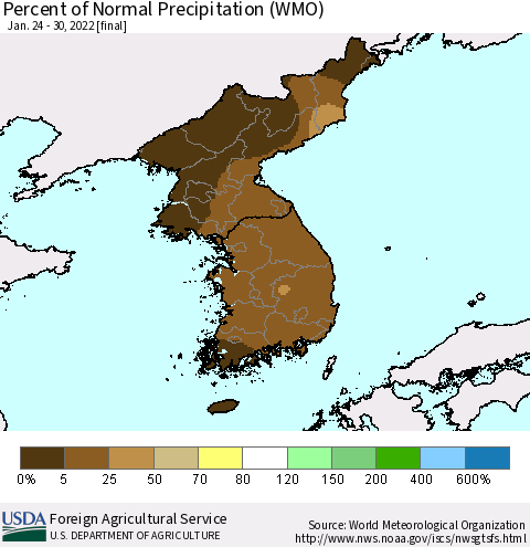 Korea Percent of Normal Precipitation (WMO) Thematic Map For 1/24/2022 - 1/30/2022