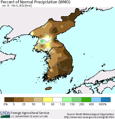 Korea Percent of Normal Precipitation (WMO) Thematic Map For 1/31/2022 - 2/6/2022