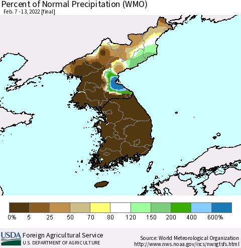 Korea Percent of Normal Precipitation (WMO) Thematic Map For 2/7/2022 - 2/13/2022
