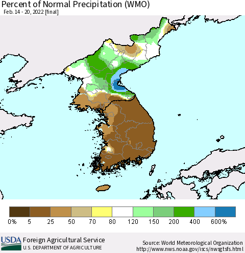Korea Percent of Normal Precipitation (WMO) Thematic Map For 2/14/2022 - 2/20/2022