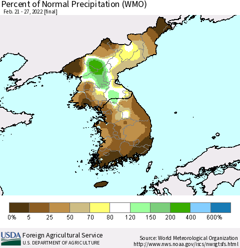 Korea Percent of Normal Precipitation (WMO) Thematic Map For 2/21/2022 - 2/27/2022