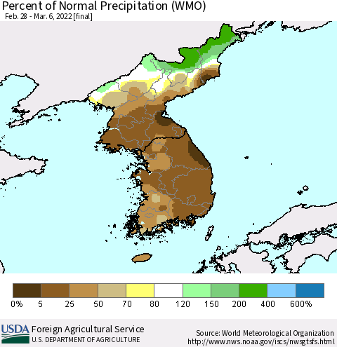 Korea Percent of Normal Precipitation (WMO) Thematic Map For 2/28/2022 - 3/6/2022