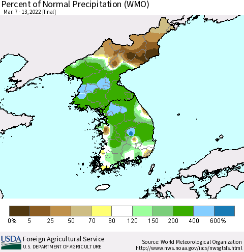 Korea Percent of Normal Precipitation (WMO) Thematic Map For 3/7/2022 - 3/13/2022