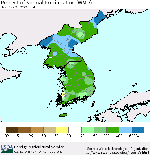 Korea Percent of Normal Precipitation (WMO) Thematic Map For 3/14/2022 - 3/20/2022