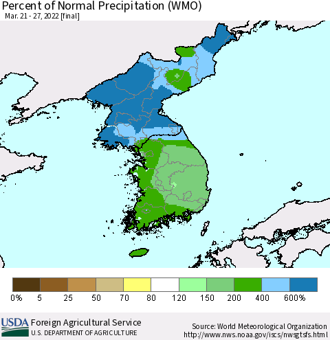 Korea Percent of Normal Precipitation (WMO) Thematic Map For 3/21/2022 - 3/27/2022