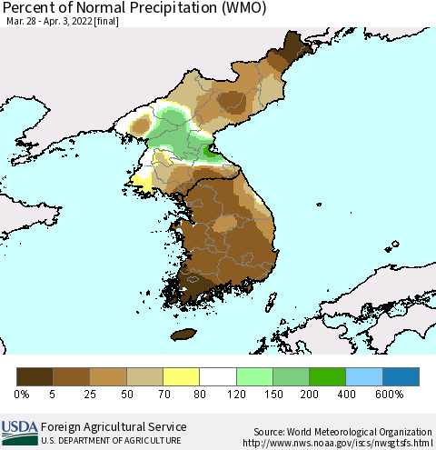 Korea Percent of Normal Precipitation (WMO) Thematic Map For 3/28/2022 - 4/3/2022