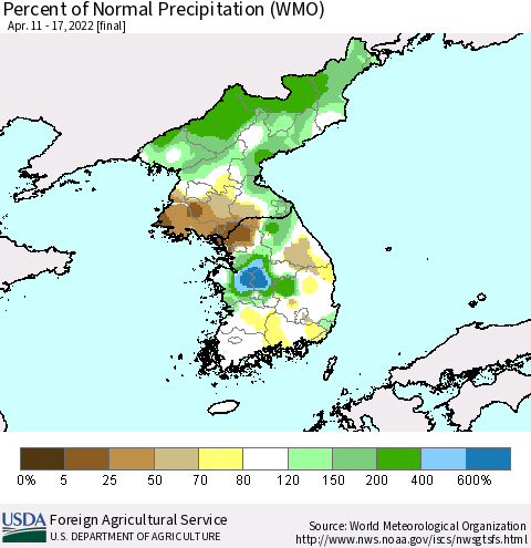 Korea Percent of Normal Precipitation (WMO) Thematic Map For 4/11/2022 - 4/17/2022