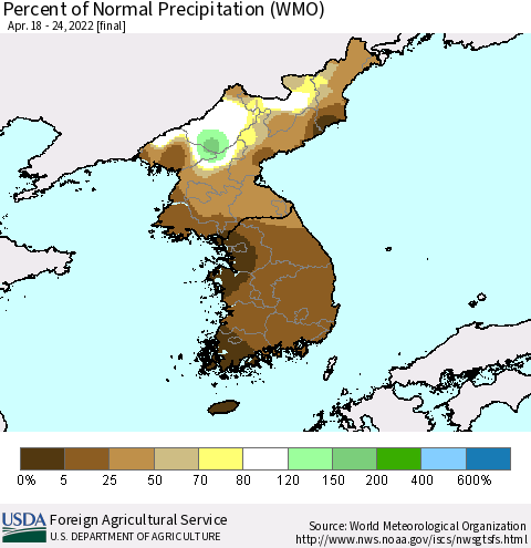 Korea Percent of Normal Precipitation (WMO) Thematic Map For 4/18/2022 - 4/24/2022