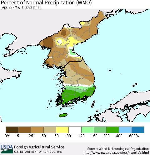 Korea Percent of Normal Precipitation (WMO) Thematic Map For 4/25/2022 - 5/1/2022