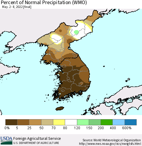Korea Percent of Normal Precipitation (WMO) Thematic Map For 5/2/2022 - 5/8/2022