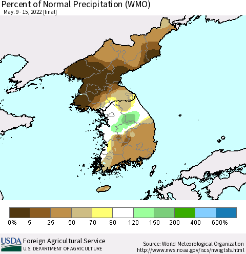 Korea Percent of Normal Precipitation (WMO) Thematic Map For 5/9/2022 - 5/15/2022