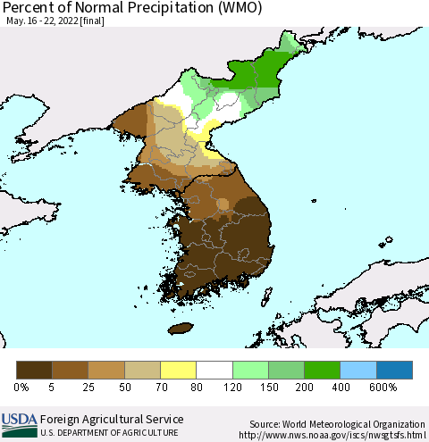 Korea Percent of Normal Precipitation (WMO) Thematic Map For 5/16/2022 - 5/22/2022