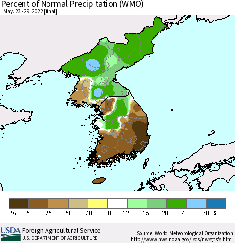 Korea Percent of Normal Precipitation (WMO) Thematic Map For 5/23/2022 - 5/29/2022