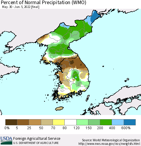 Korea Percent of Normal Precipitation (WMO) Thematic Map For 5/30/2022 - 6/5/2022