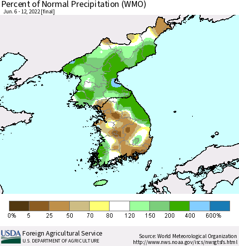 Korea Percent of Normal Precipitation (WMO) Thematic Map For 6/6/2022 - 6/12/2022