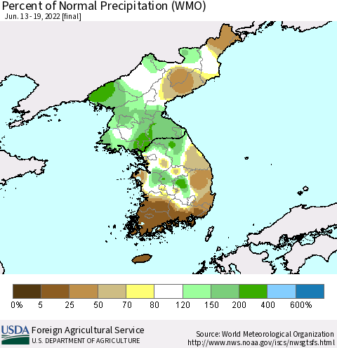 Korea Percent of Normal Precipitation (WMO) Thematic Map For 6/13/2022 - 6/19/2022