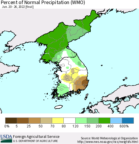 Korea Percent of Normal Precipitation (WMO) Thematic Map For 6/20/2022 - 6/26/2022